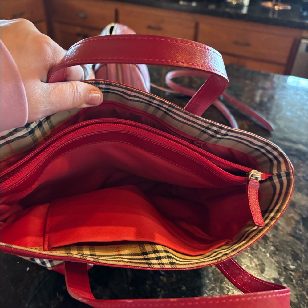 Burberry Red and Tan Plaid Tote Bag - Picture 2 of 3